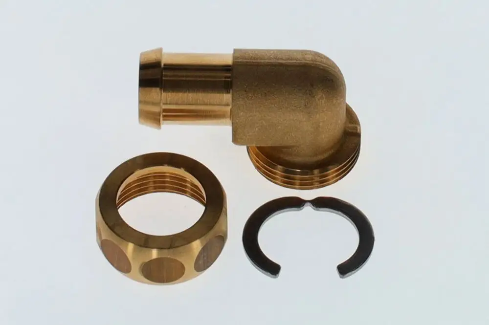 BOSCH Winkeltülle aus Messing, gebogen, mit Gewinde und einer ringförmigen Halterung. Bestandteil eines Verbindungssystems oder Anschlusses.